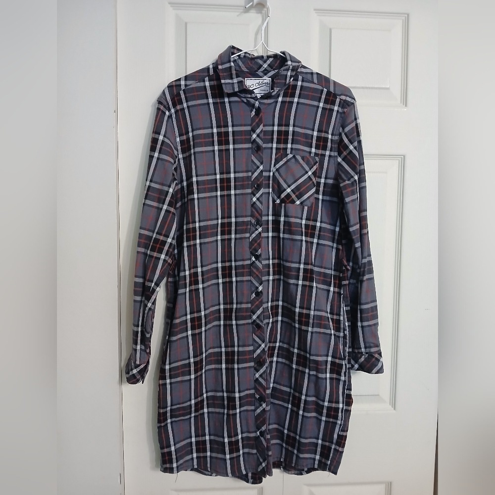 BC Clothing Plaid Button-Up Grey Tunic Shirt Dress, Size Medium (M)